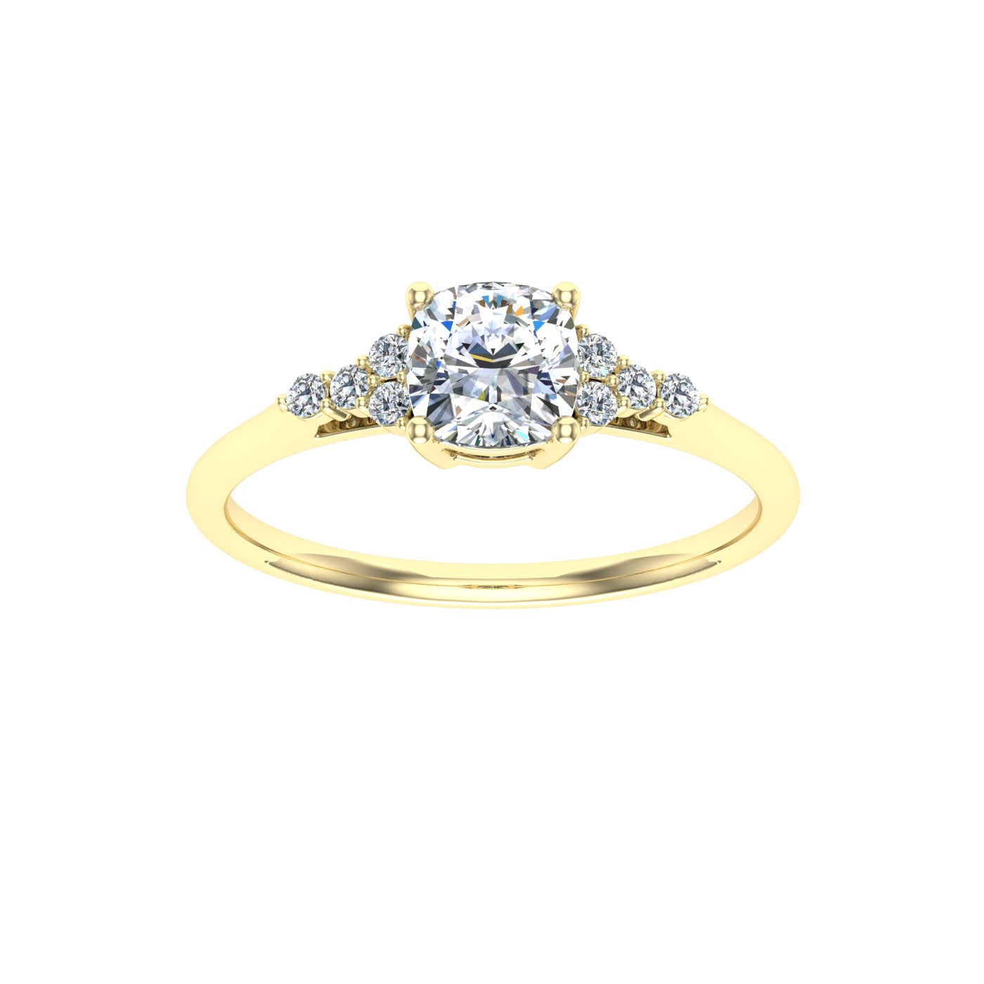 Everglow Cushion Cut Side Stones Moissanite Engagement Ring Yellow Gold