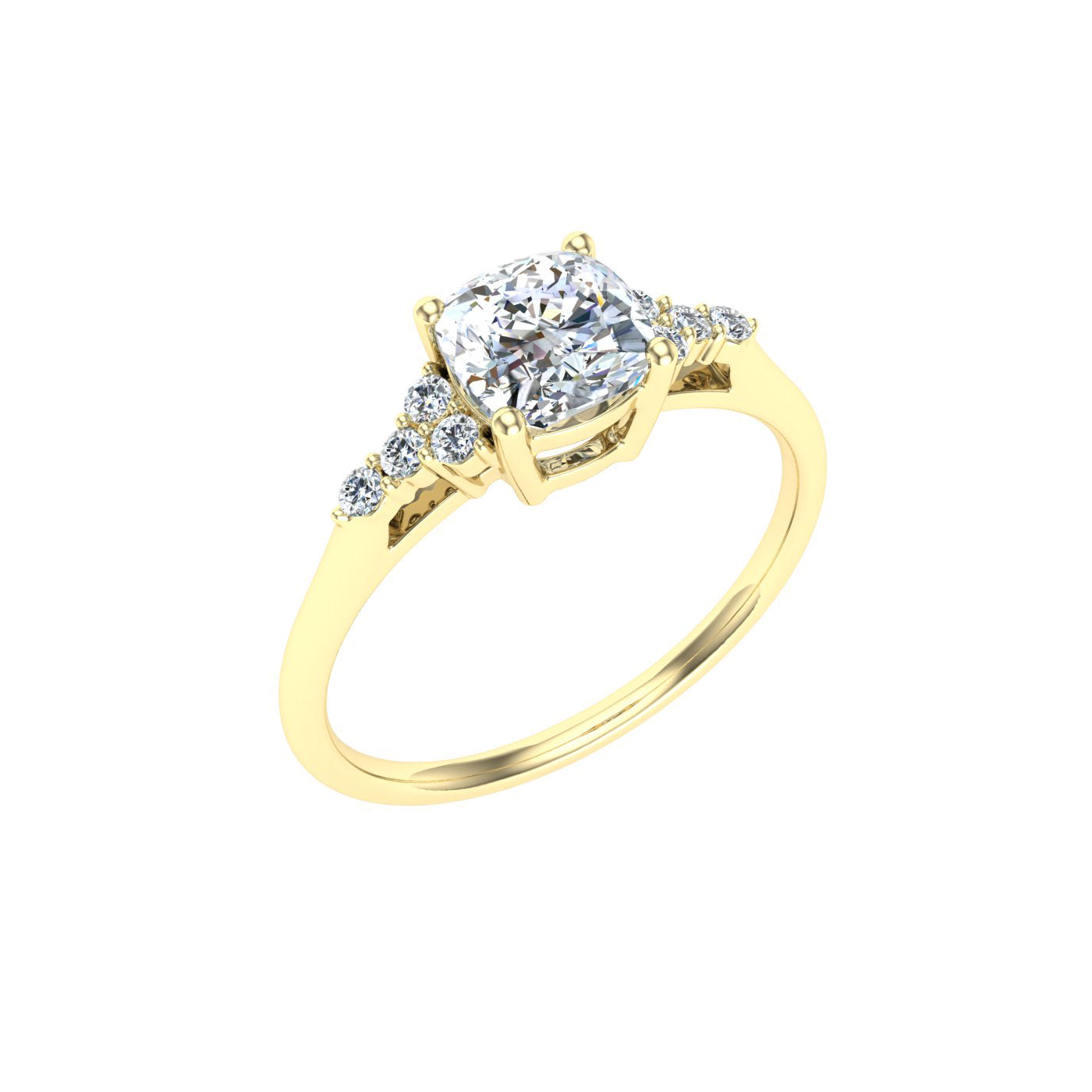 Everglow Cushion Cut Side Stones Moissanite Engagement Ring Yellow Gold