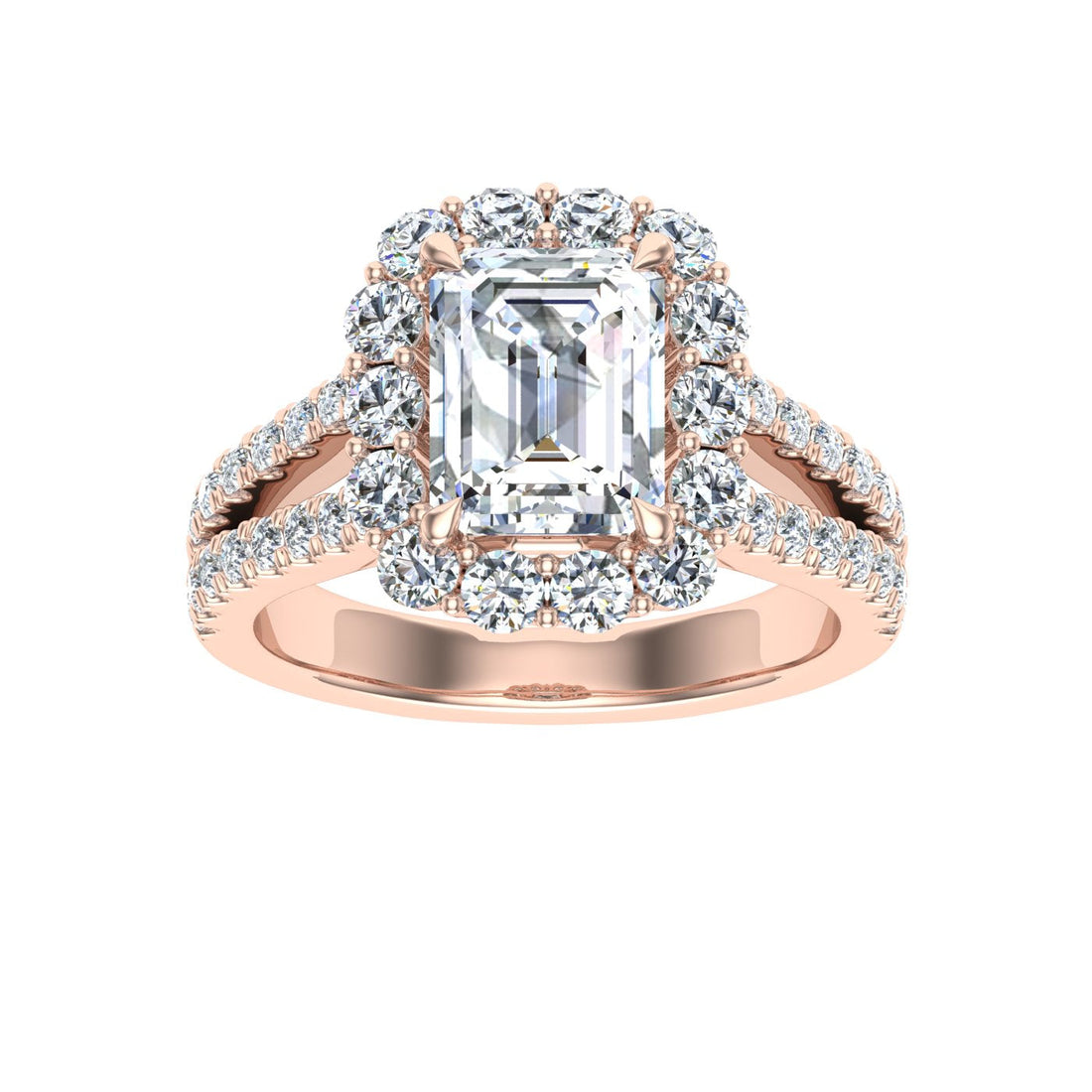 Everlasting Emerald Cut Halo Moissanite Engagement Ring Rose Gold