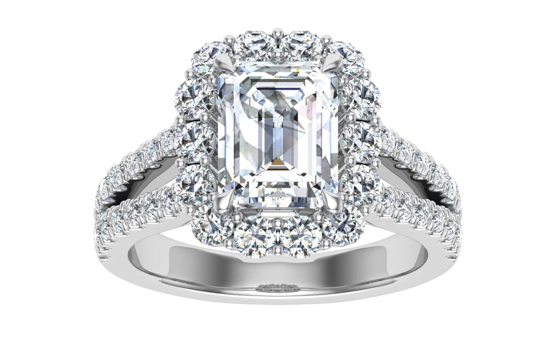 Everlasting Emerald Cut Halo Moissanite Engagement Ring White Gold