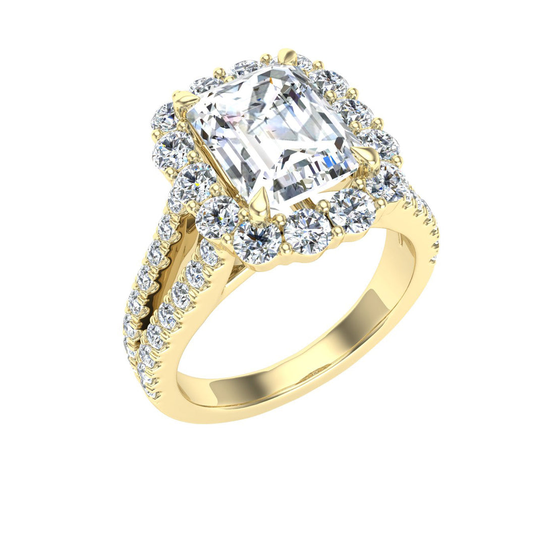 Everlasting Emerald Cut Halo Moissanite Engagement Ring Yellow Gold