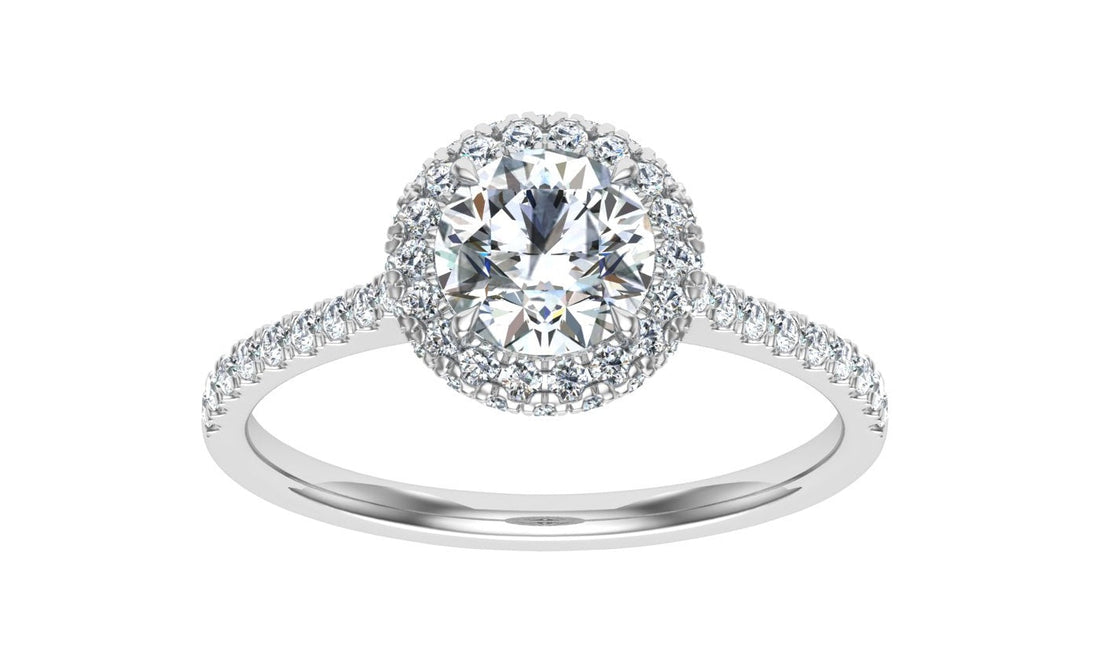 Flambeau Round Cut Halo Moissanite Engagement Ring White Gold