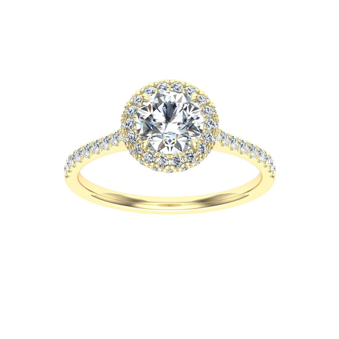 Flambeau Round Cut Halo Moissanite Engagement Ring Yellow Gold