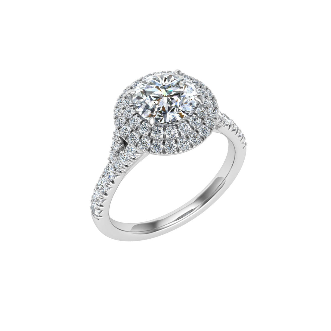 Flame Round Cut Double Halo Moissanite Engagement Ring White Gold