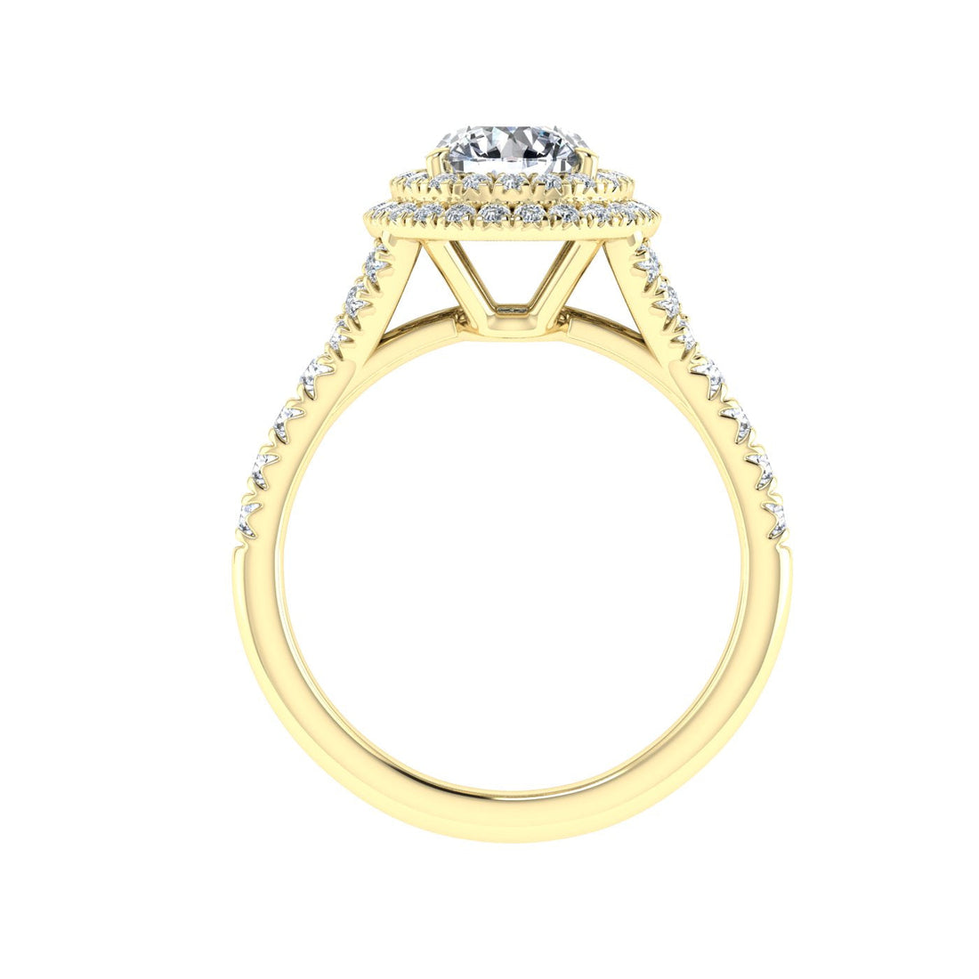 Flame Round Cut Double Halo Moissanite Engagement Ring Yellow Gold