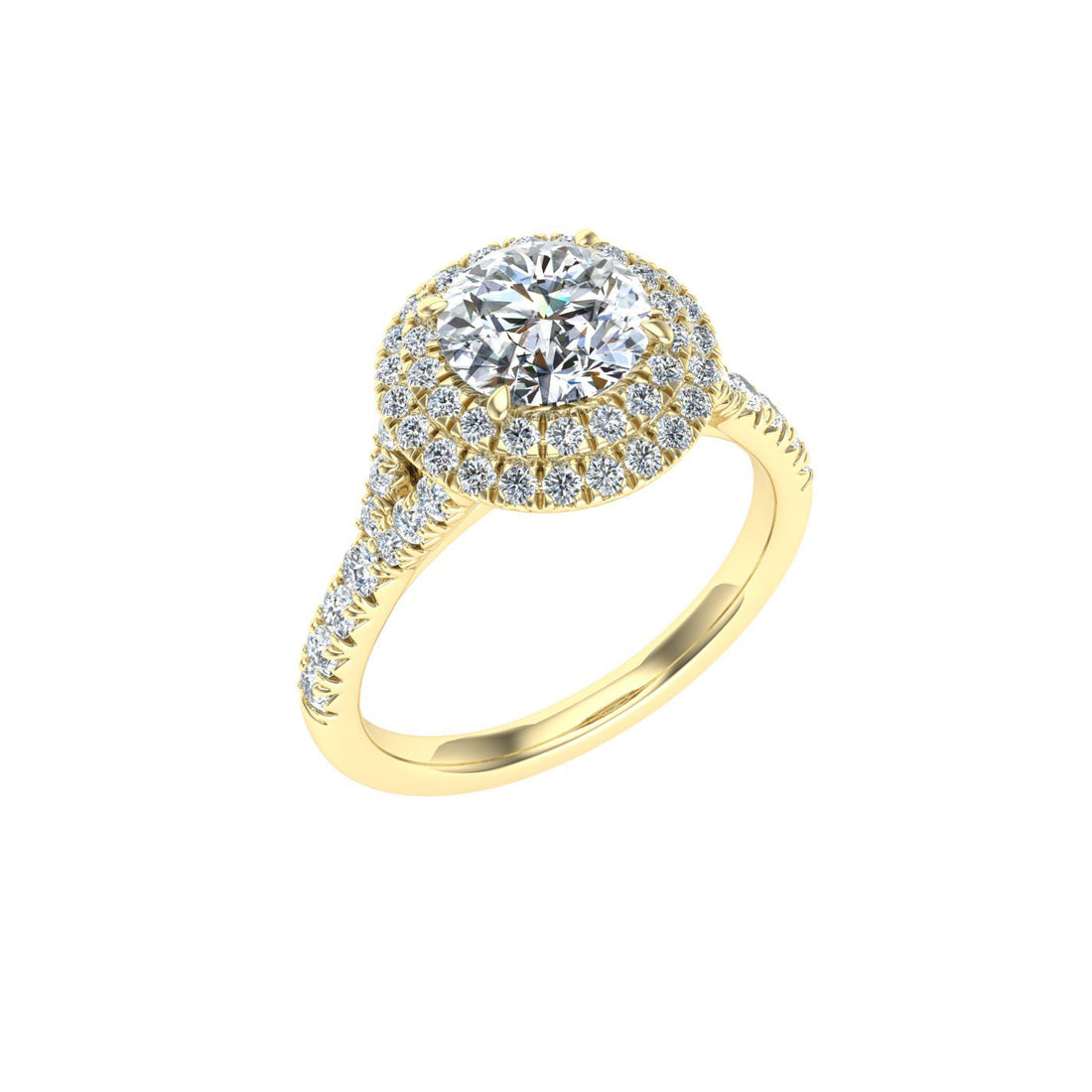 Flame Round Cut Double Halo Moissanite Engagement Ring Yellow Gold