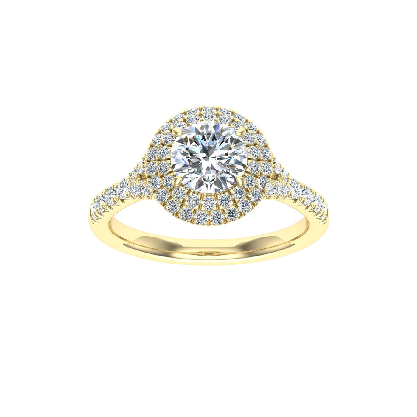 Flame Round Cut Double Halo Moissanite Engagement Ring Yellow Gold