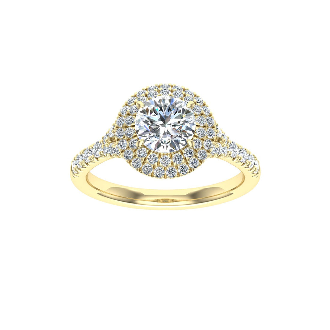 Flame Round Cut Double Halo Moissanite Engagement Ring Yellow Gold