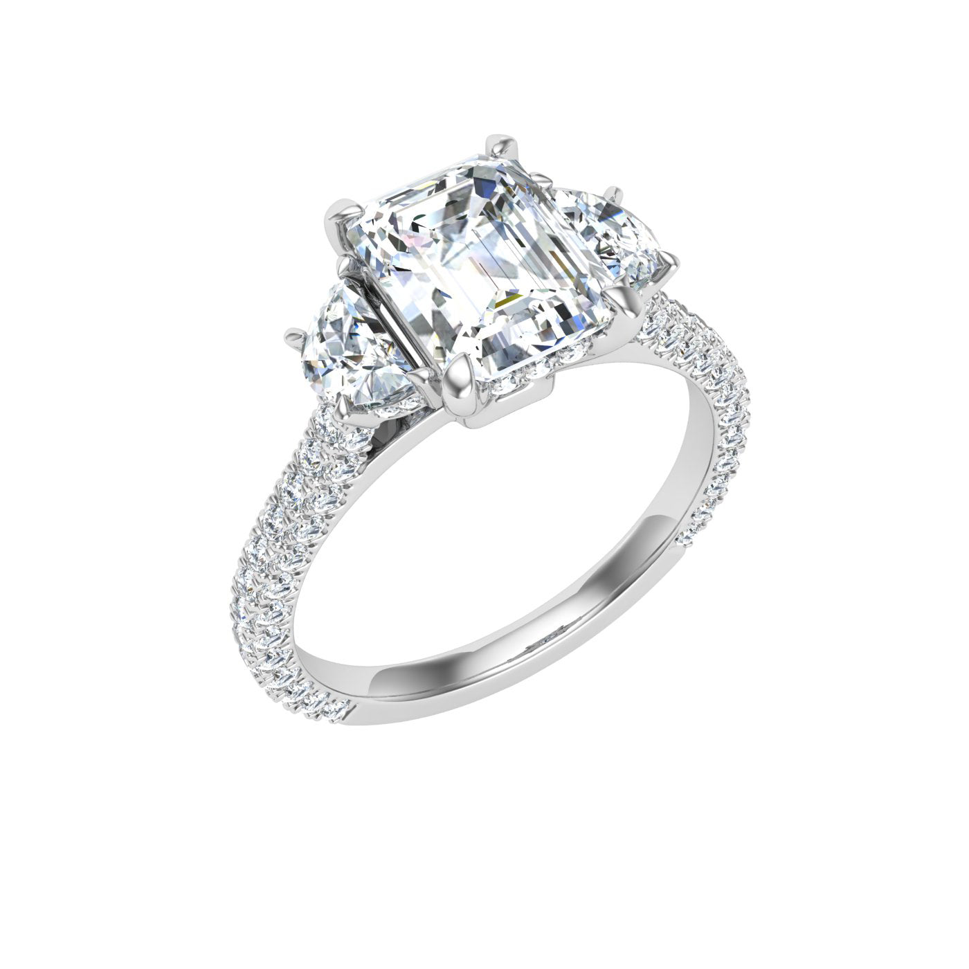 Flare Emerald 3 Stone Moissanite Engagement Ring White Gold