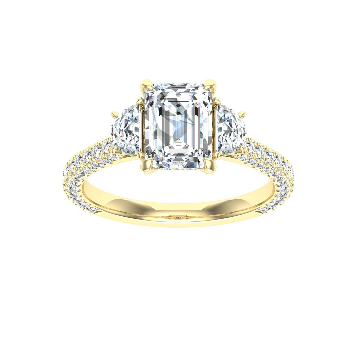 Flare Emerald 3 Stone Moissanite Engagement Ring White Gold