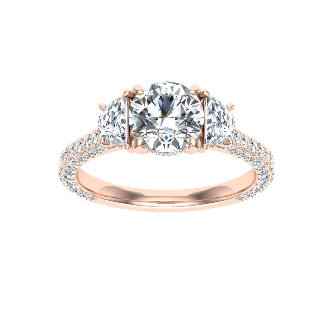 Flare Round 3 Stone Moissanite Engagement Ring Rose Gold