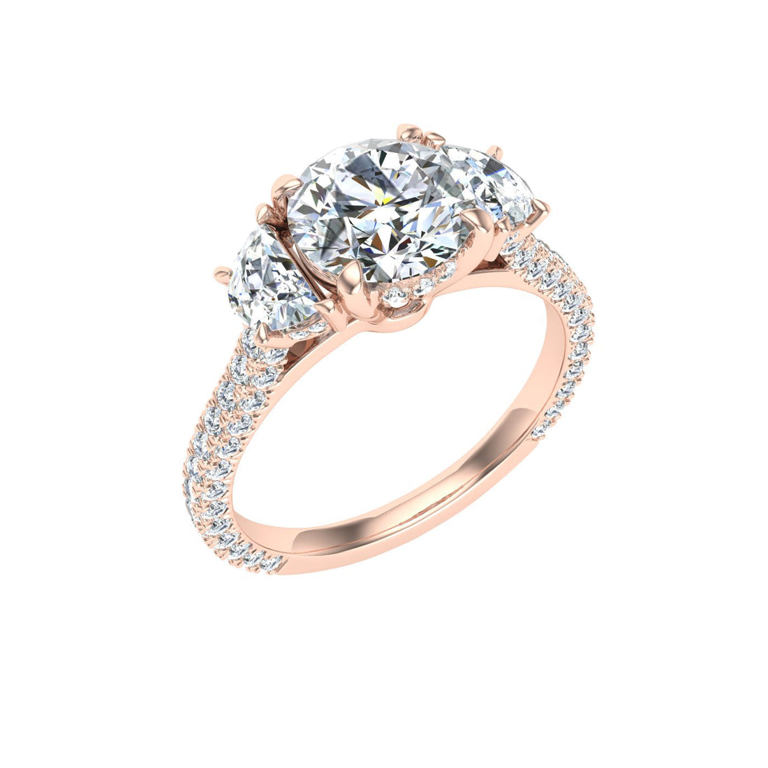 Flare Round 3 Stone Moissanite Engagement Ring Rose Gold