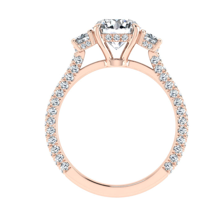 Flare Round 3 Stone Moissanite Engagement Ring Rose Gold