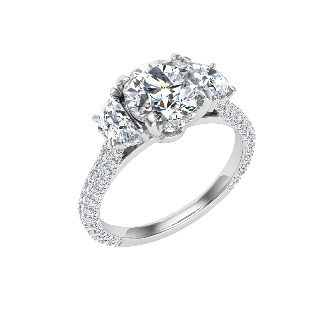 Flare Round 3 Stone Moissanite Engagement Ring White Gold