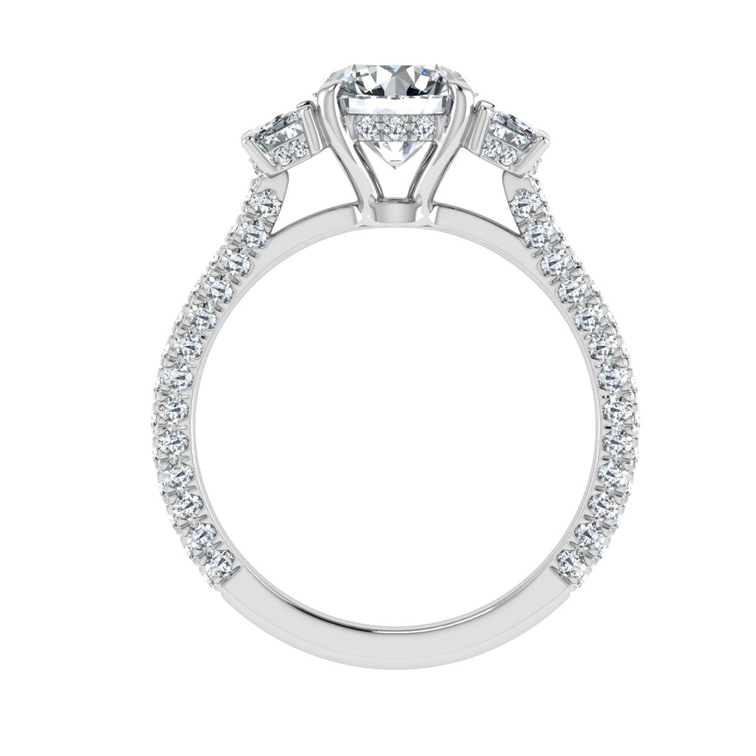 Flare Round 3 Stone Moissanite Engagement Ring White Gold