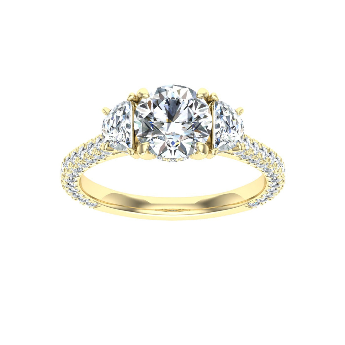 Flare Round 3 Stone Moissanite Engagement Ring Yellow Gold