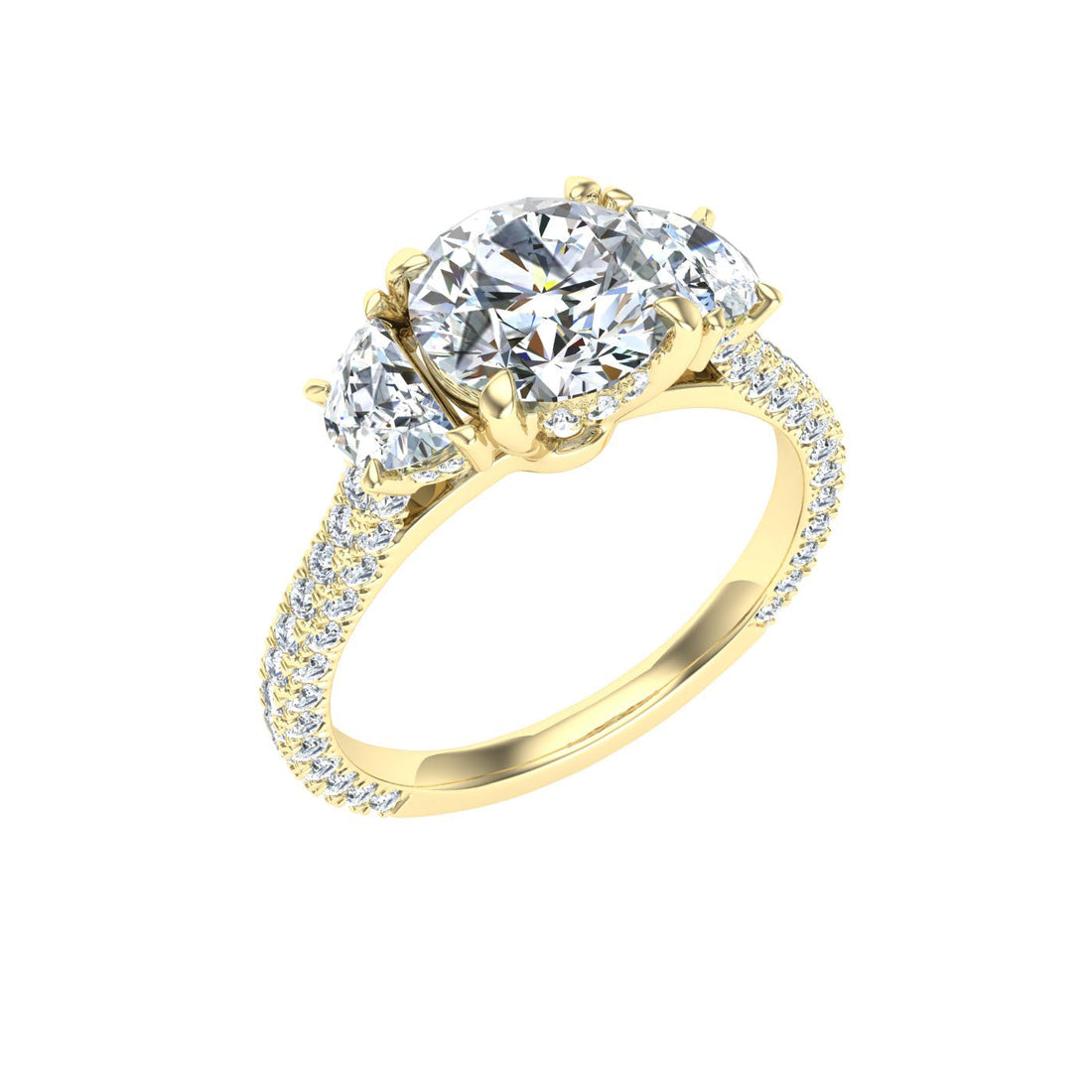 Flare Round 3 Stone Moissanite Engagement Ring Yellow Gold