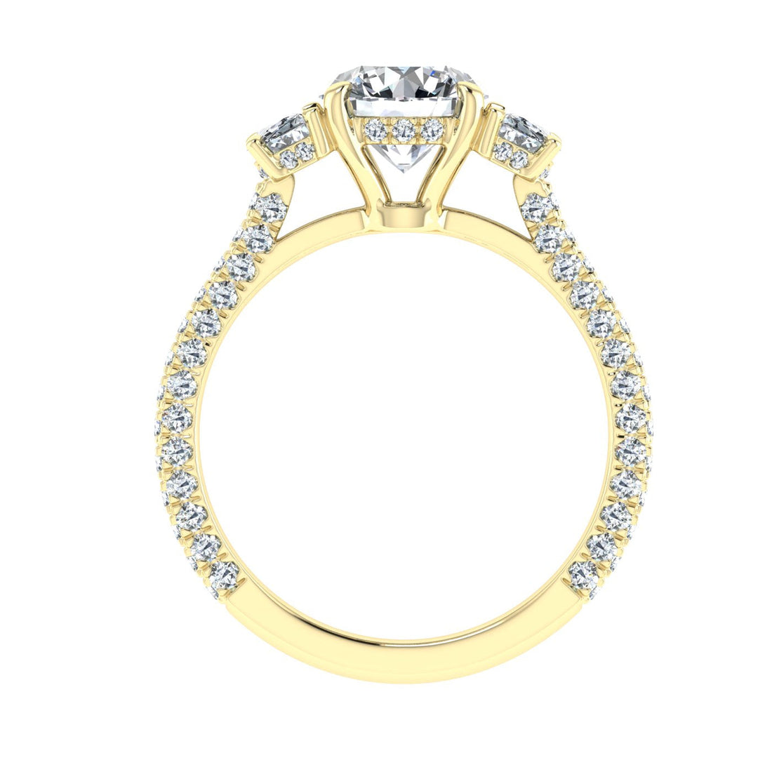 Flare Round 3 Stone Moissanite Engagement Ring Yellow Gold