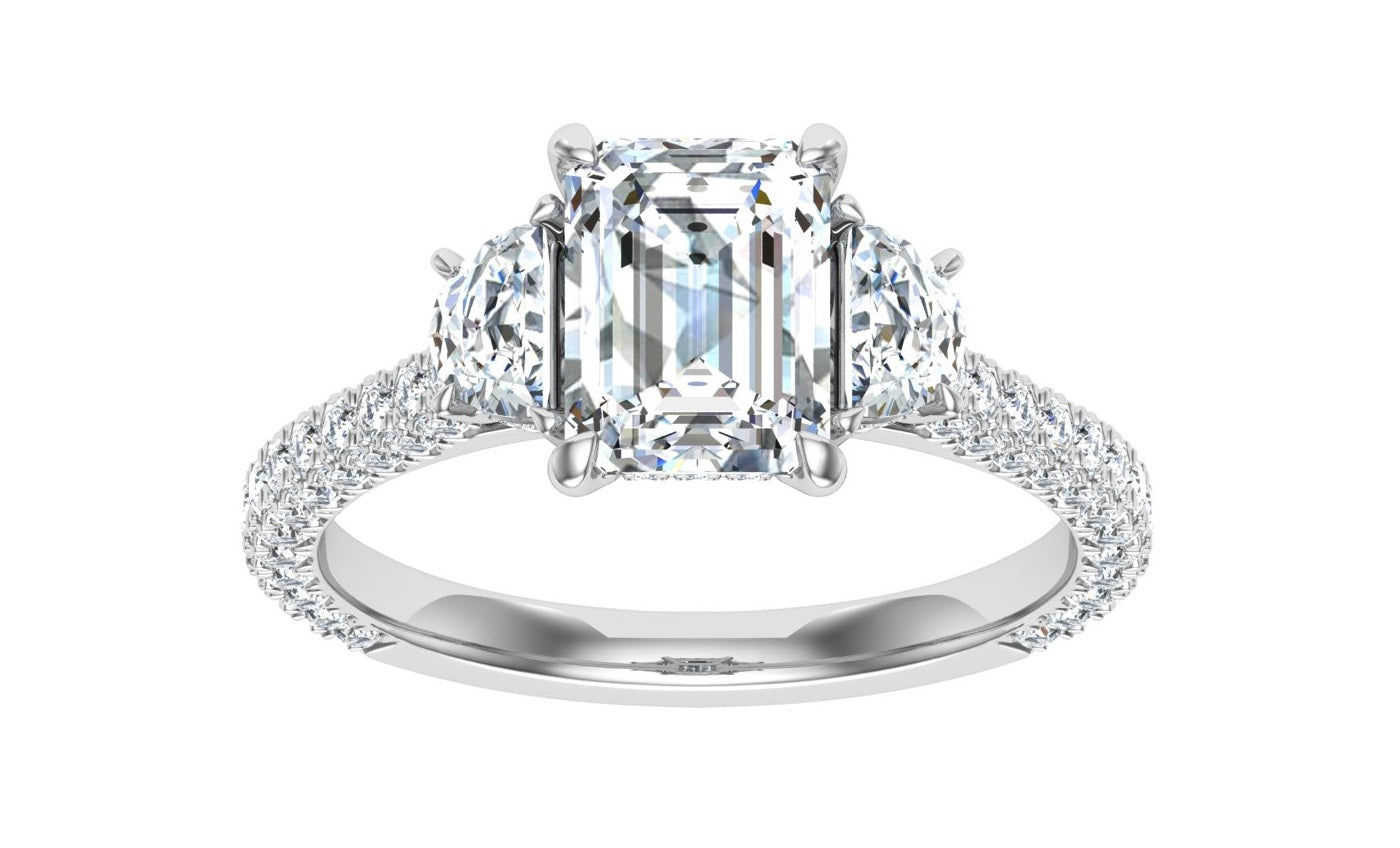 Flare Emerald 3 Stone Moissanite Engagement Ring White Gold