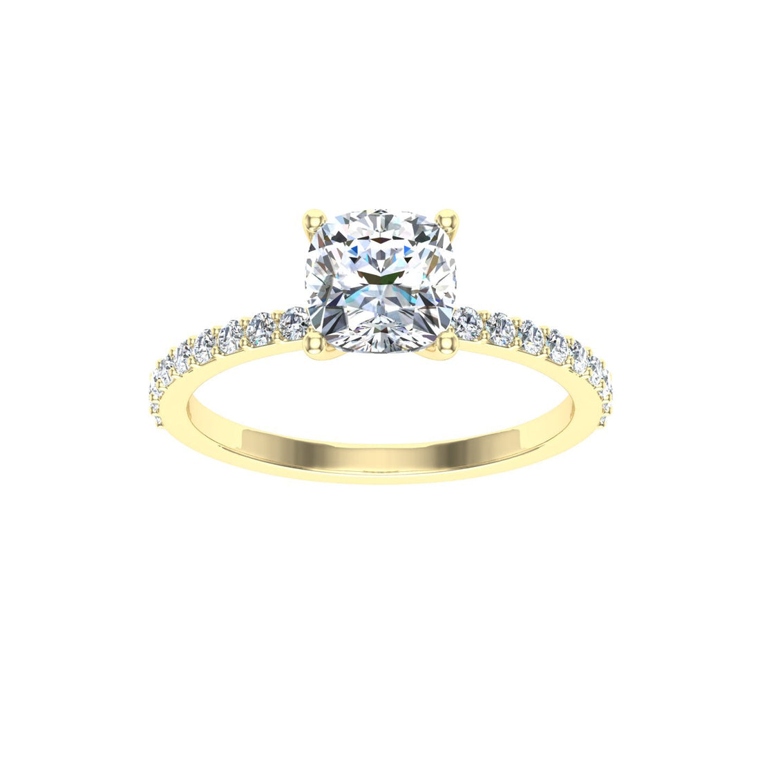 Flash Cushion Cut Side Stones Moissanite Engagement Ring Yellow Gold 