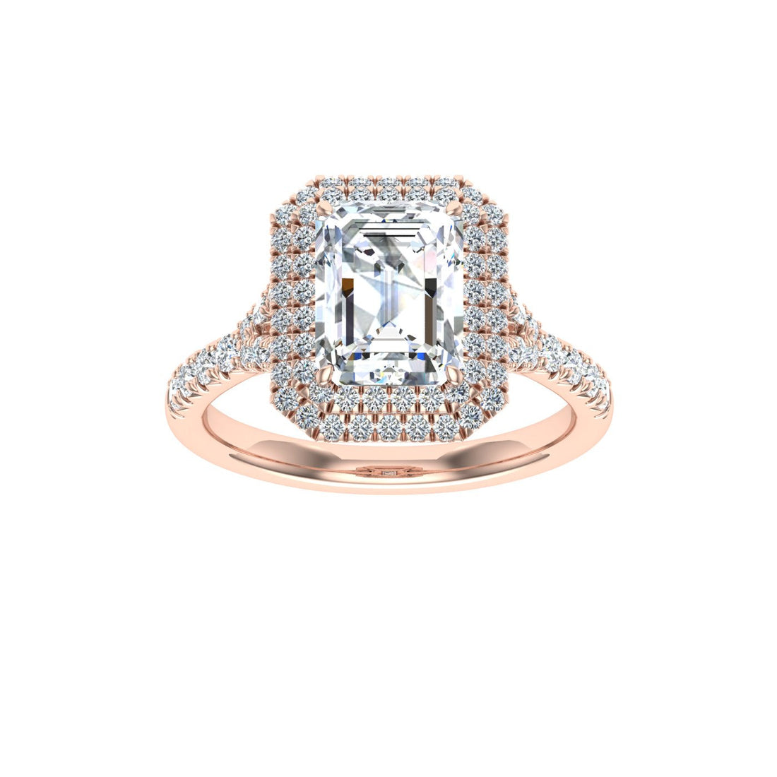 Forever Emerald Cut Double Halo Moissanite Engagement Ring Rose Gold