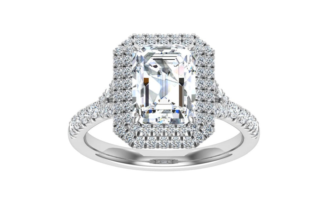 Forever Emerald Cut Double Halo Moissanite Engagement Ring White Gold