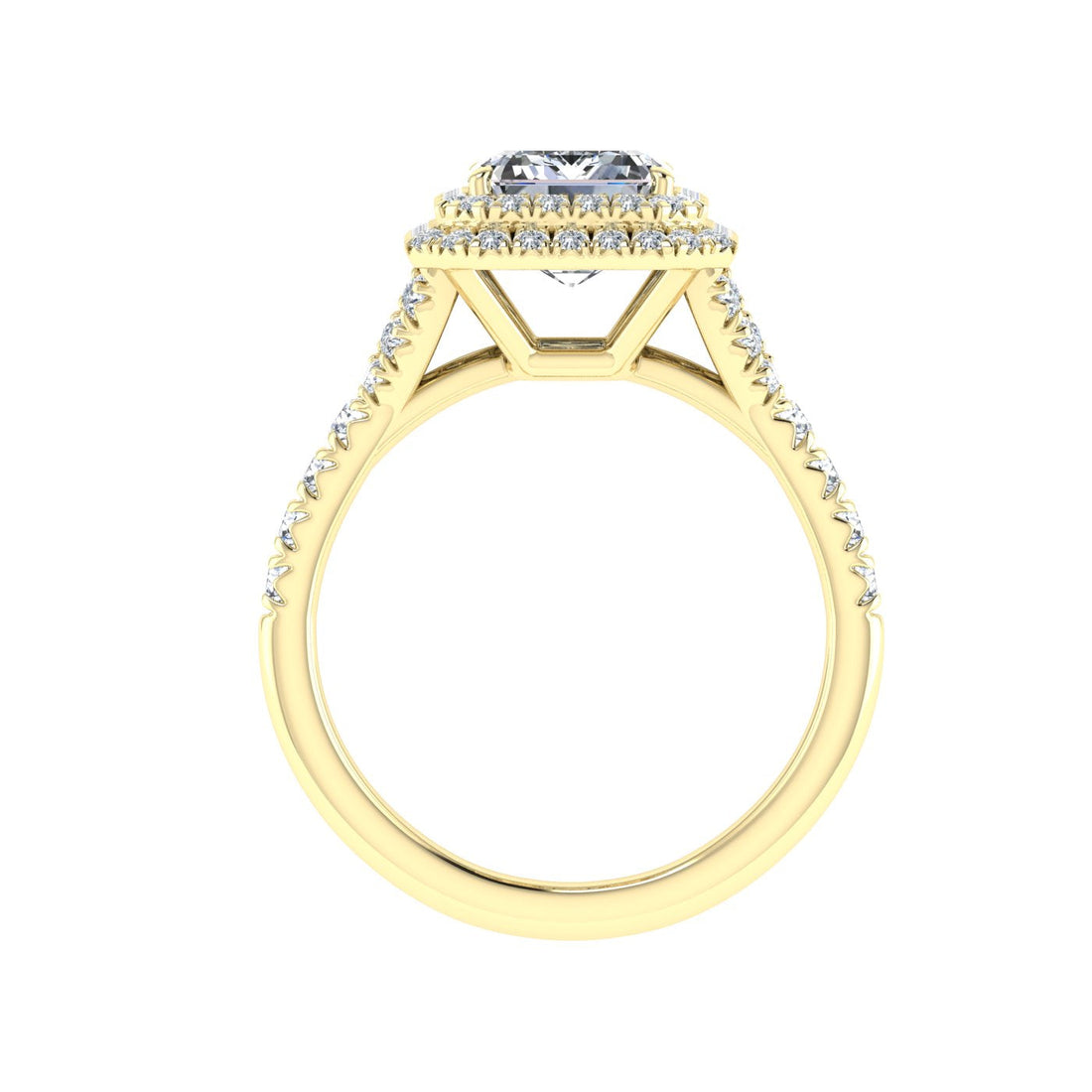 Forever Emerald Cut Double Halo Moissanite Engagement Ring Yellow Gold