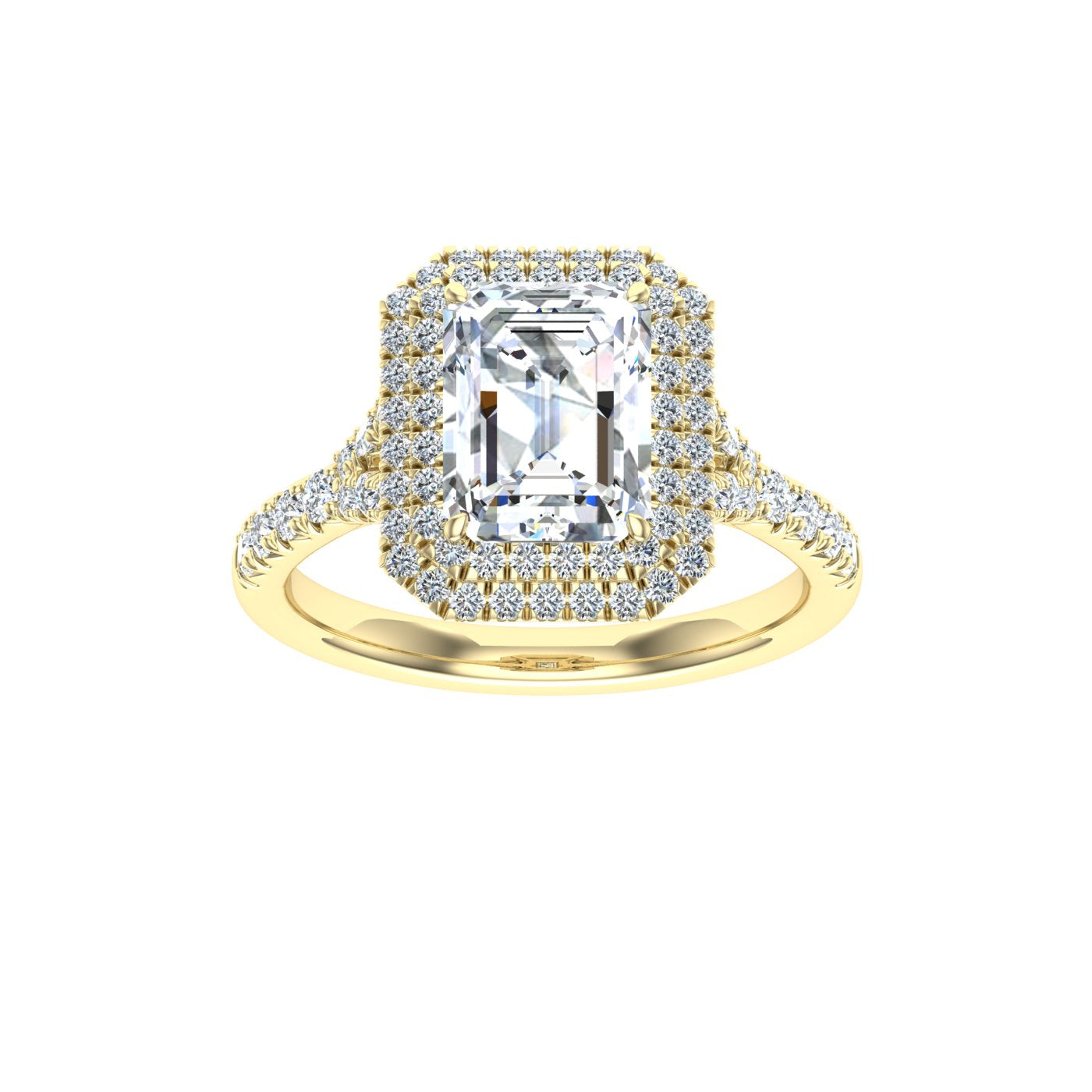 Forever Emerald Cut Double Halo Moissanite Engagement Ring Yellow Gold