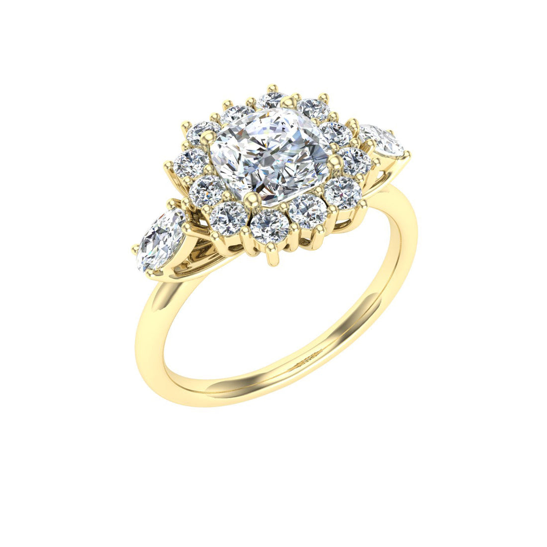 Glitter Cushion Cut Halo Moissanite Engagement Ring Yellow Gold