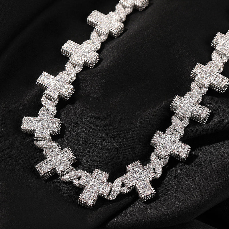 Galactic Gleam Iced Moissanite Cross with Infinity Link Chain White Gold