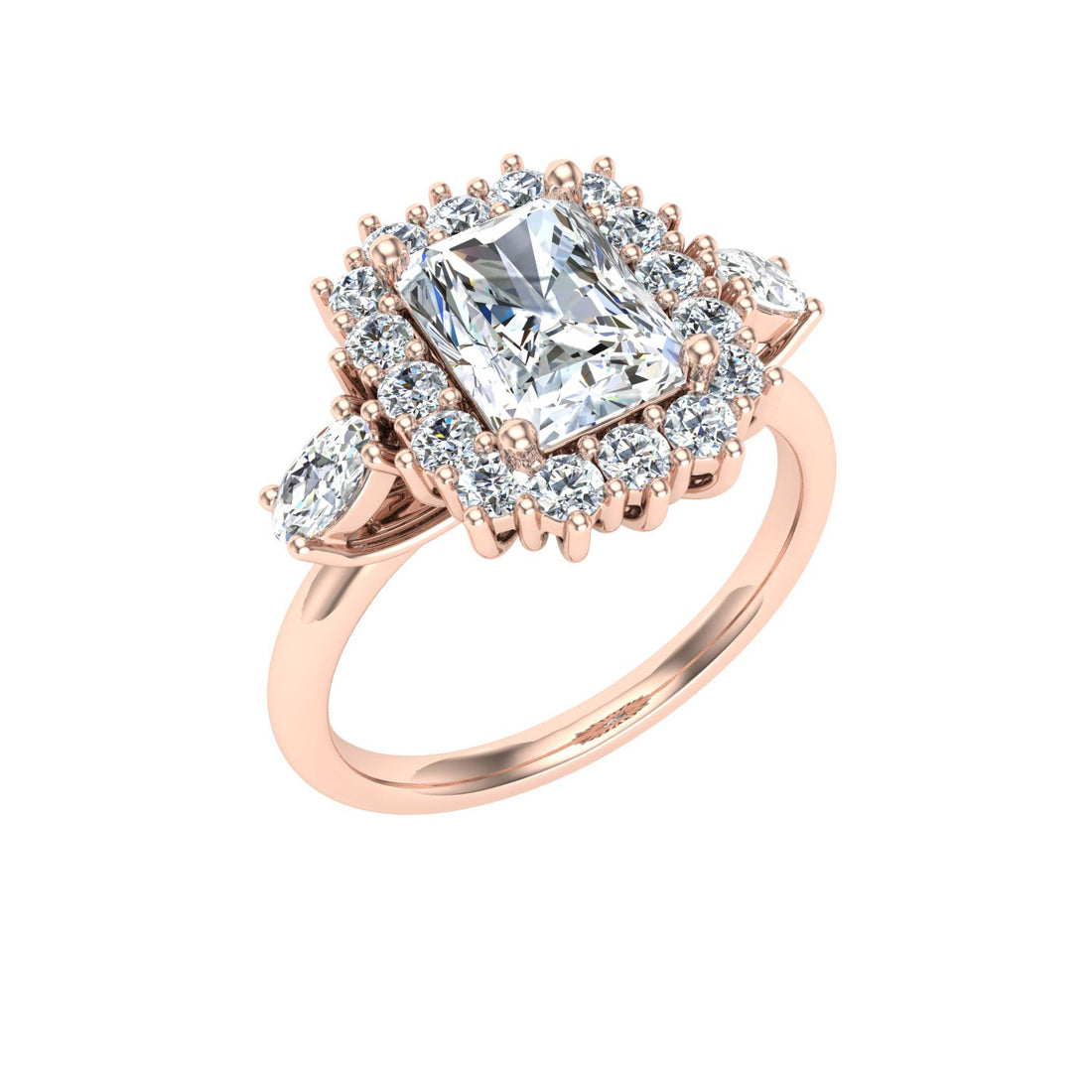 Galactical Radiant Cut Halo Moissanite Engagement Ring Rose Gold