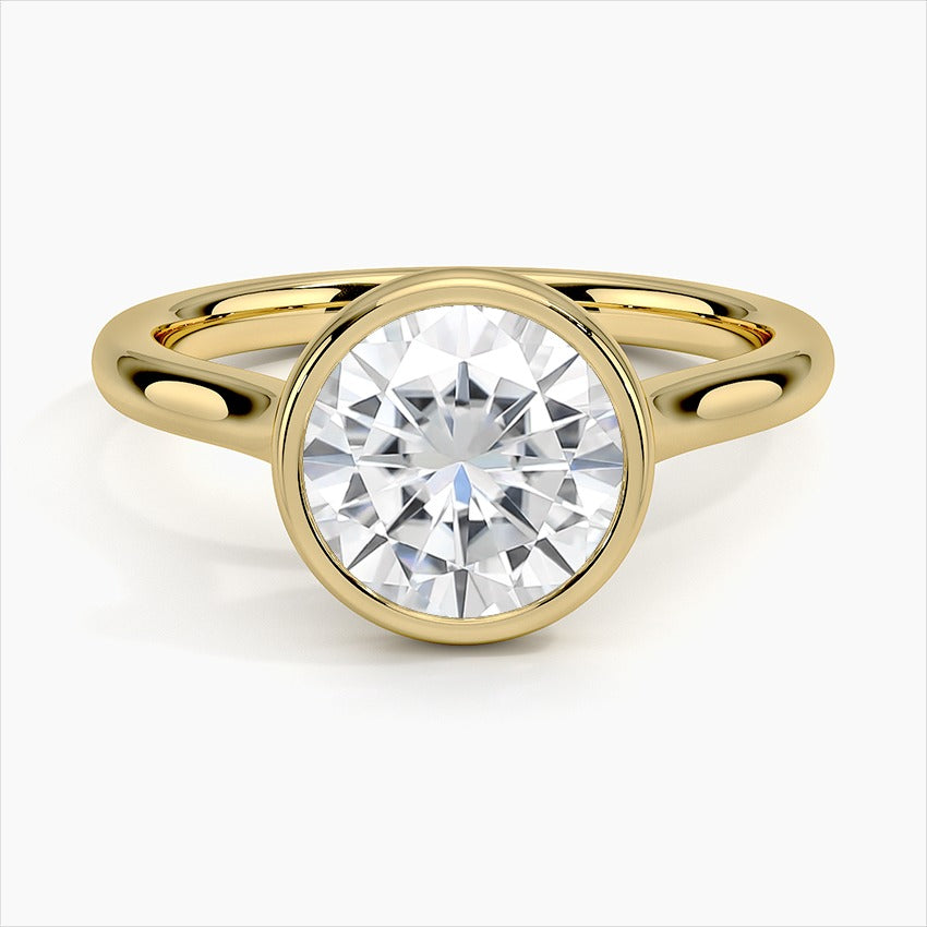 Garland Round Bezel Solitaire Moissanite Engagement Ring Yellow Gold