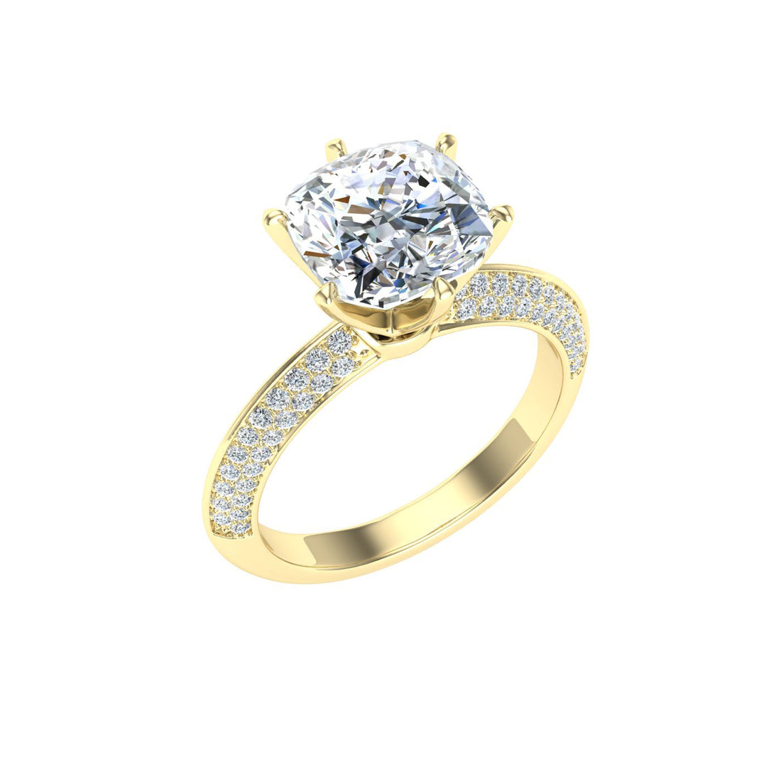 Gaze Cushion Cut Knife Edge Band Moissanite Engagement Ring Yellow Gold