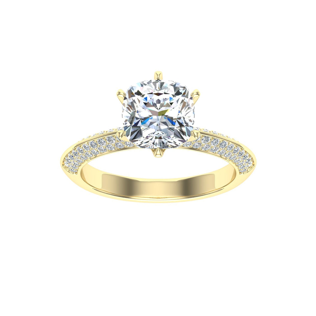 Gaze Cushion Cut Knife Edge Band Moissanite Engagement Ring Yellow Gold