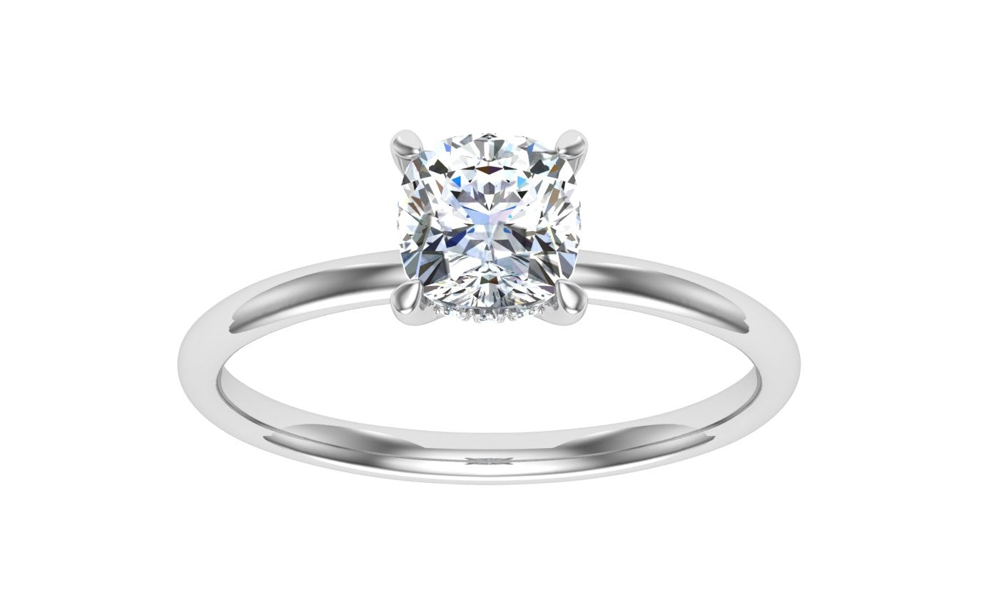 Glacial Cushion Cut Hidden Halo Solitaire Moissanite Engagement Ring White Gold