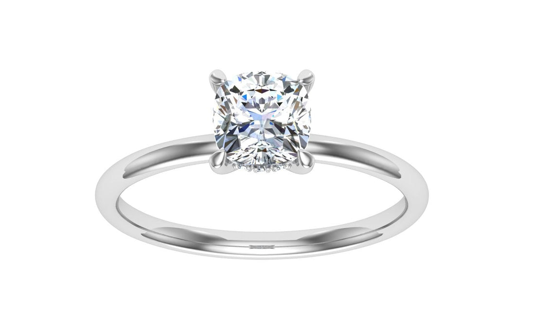 Glacial Cushion Cut Hidden Halo Solitaire Moissanite Engagement Ring White Gold