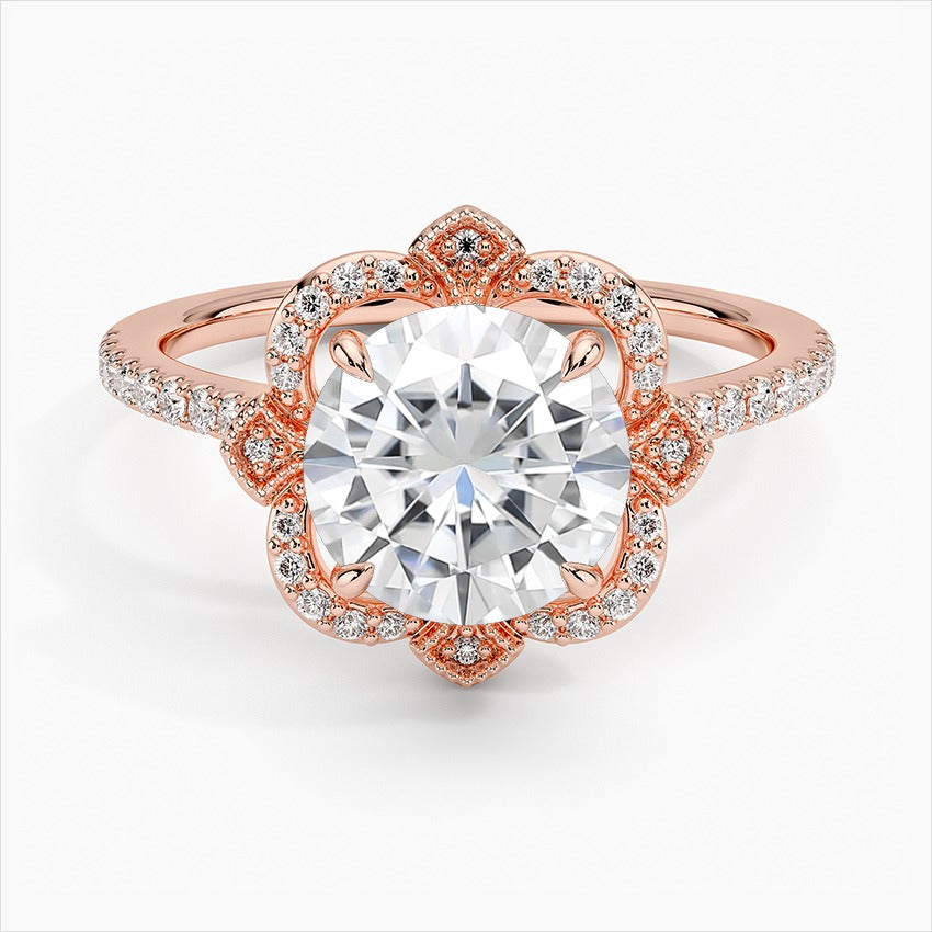 Glade Four-Prong Round Halo Moissanite Engagement Ring Rose Gold