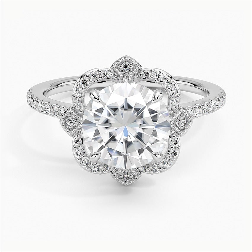 Glade Four-Prong Round Halo Moissanite Engagement Ring White Gold