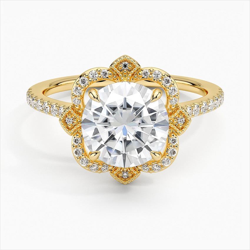 Glade Four-Prong Round Halo Moissanite Engagement Ring Yellow Gold