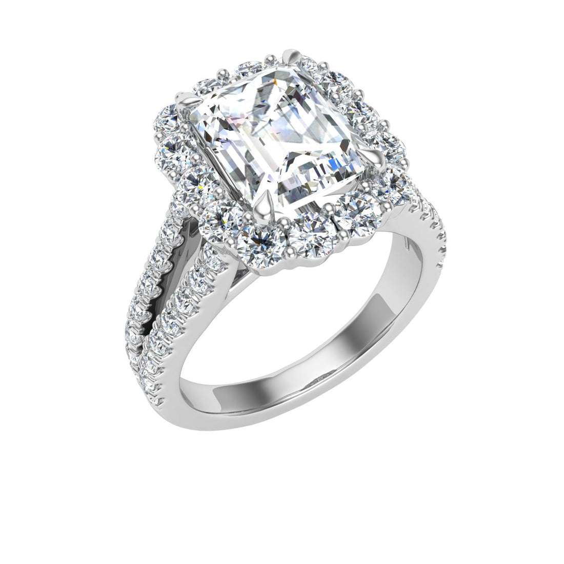 Gleaming Emerald Cut Halo Moissanite Engagement Ring White Gold