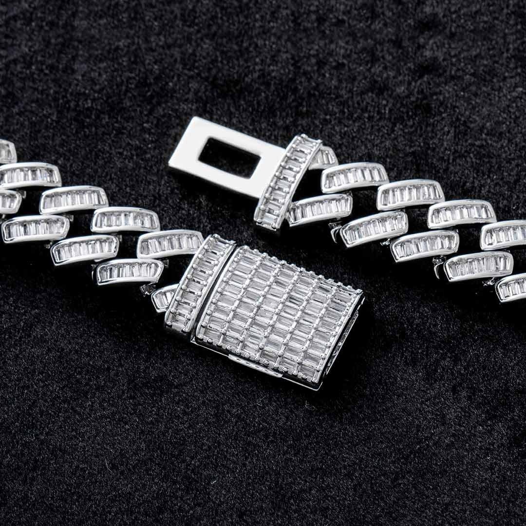 Glitter 14mm Moissanite Prong Baguette Cut Box Clasp Cuban Chain White Gold