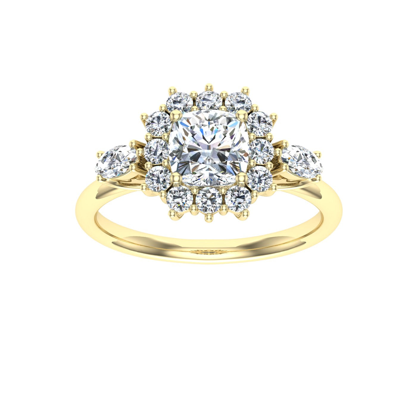Glitter Cushion Cut Halo Moissanite Engagement Ring Yellow Gold