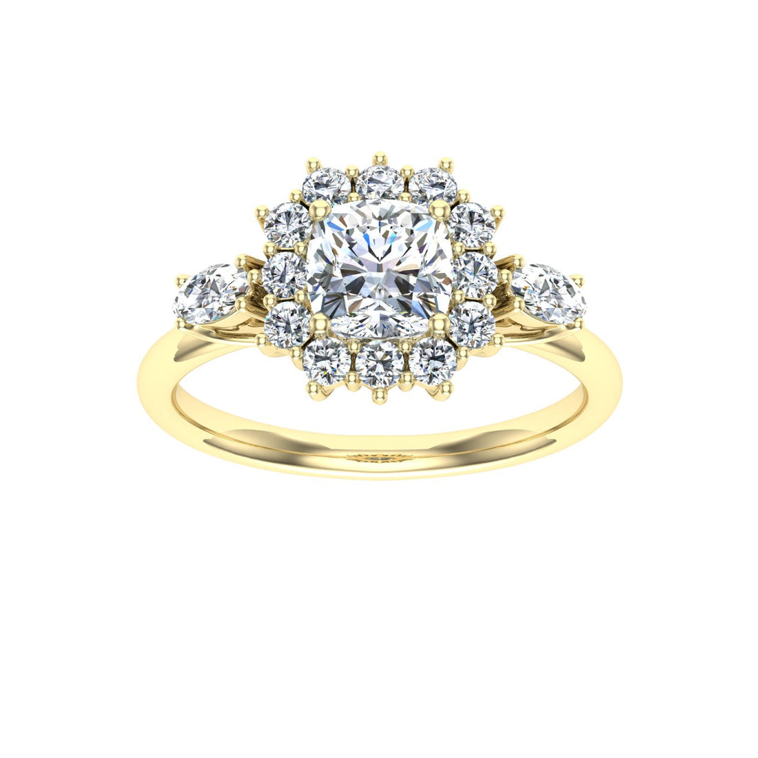 Glitter Cushion Cut Halo Moissanite Engagement Ring Yellow Gold