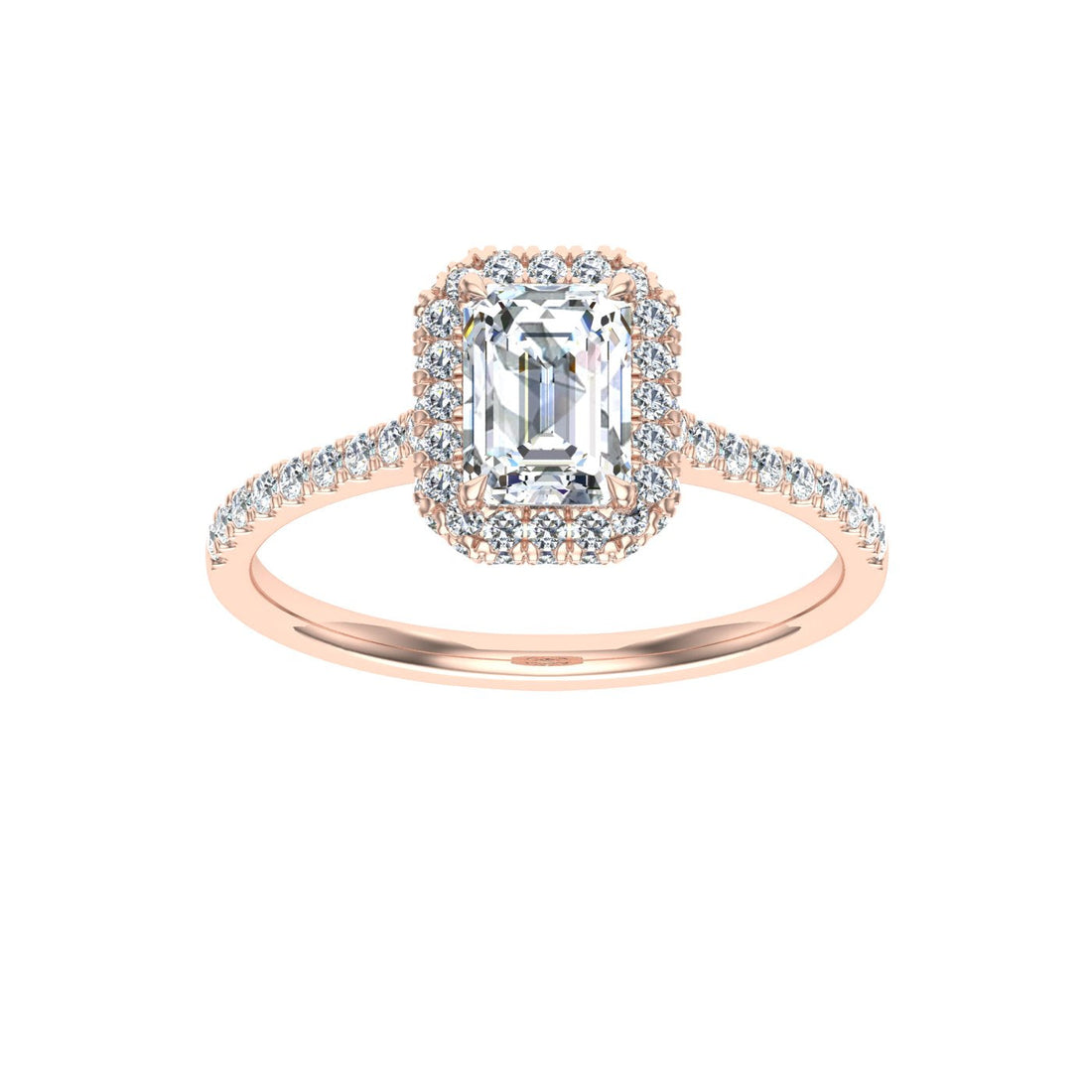 Glittering Emerald Cut Halo Moissanite Engagement Ring Rose Gold Rose Gold