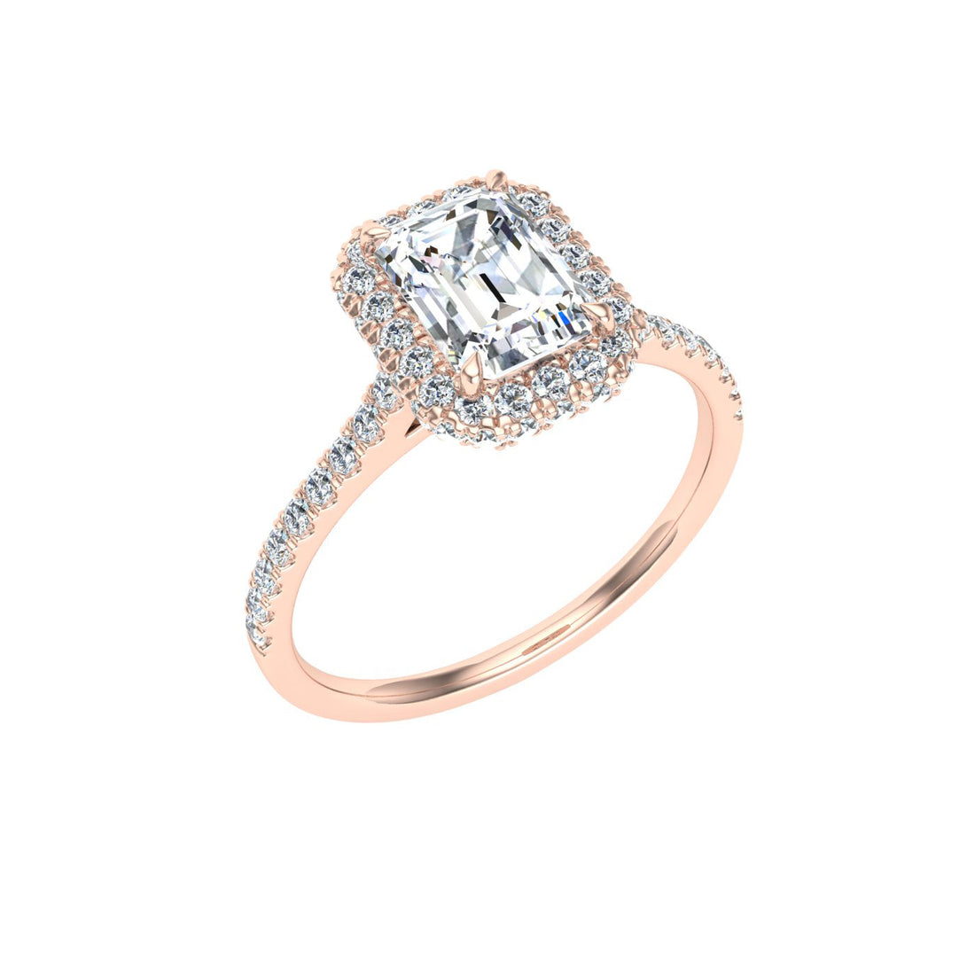 Glittering Emerald Cut Halo Moissanite Engagement Ring Rose Gold