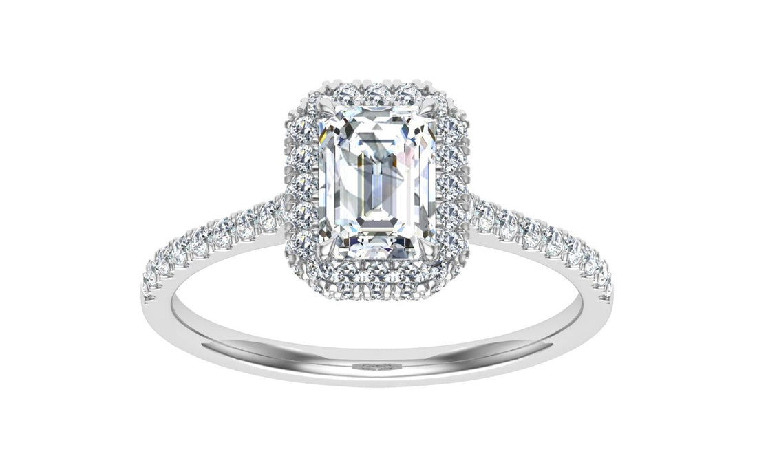 Glittering Emerald Cut Halo Moissanite Engagement Ring White Gold