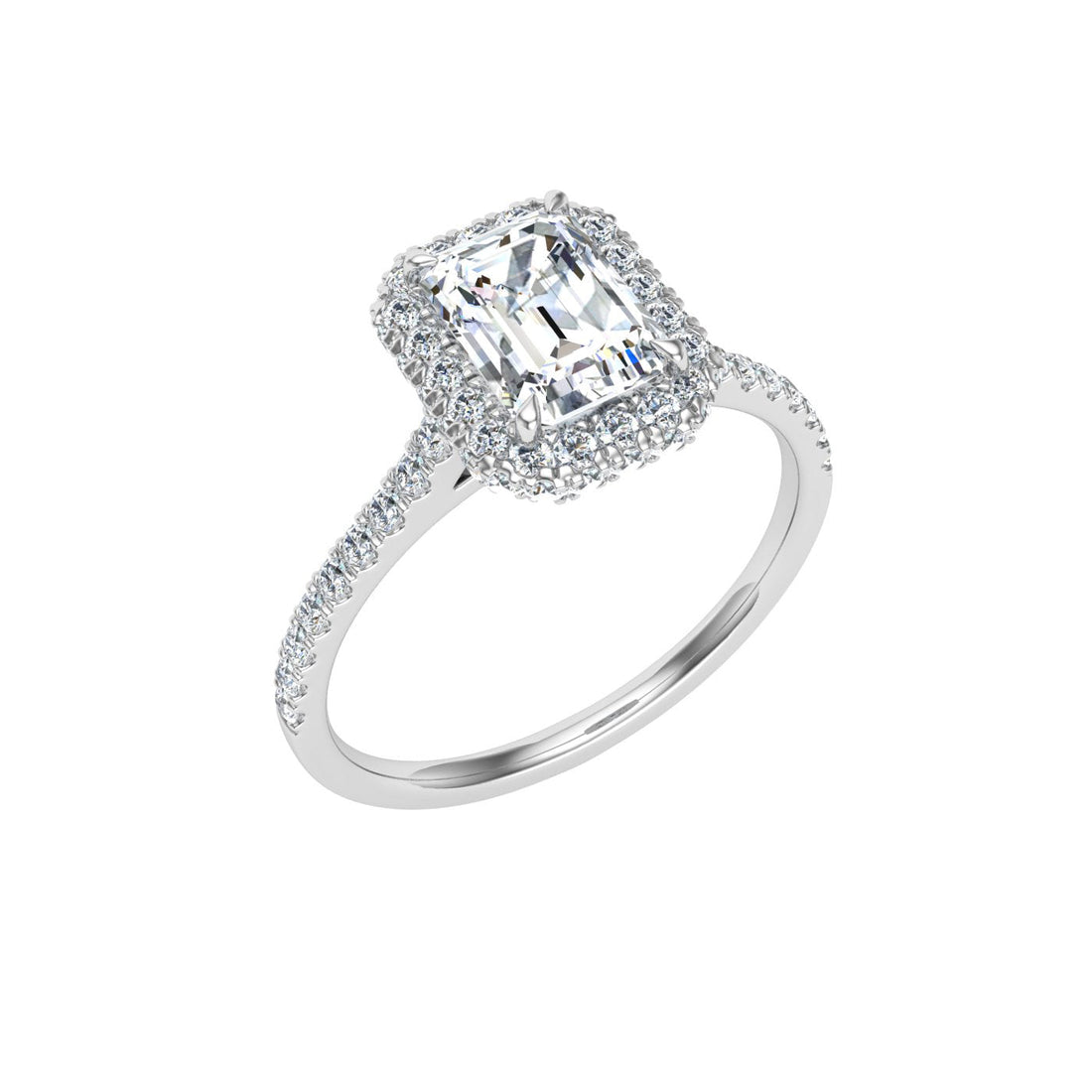 Glittering Emerald Cut Halo Moissanite Engagement Ring White Gold