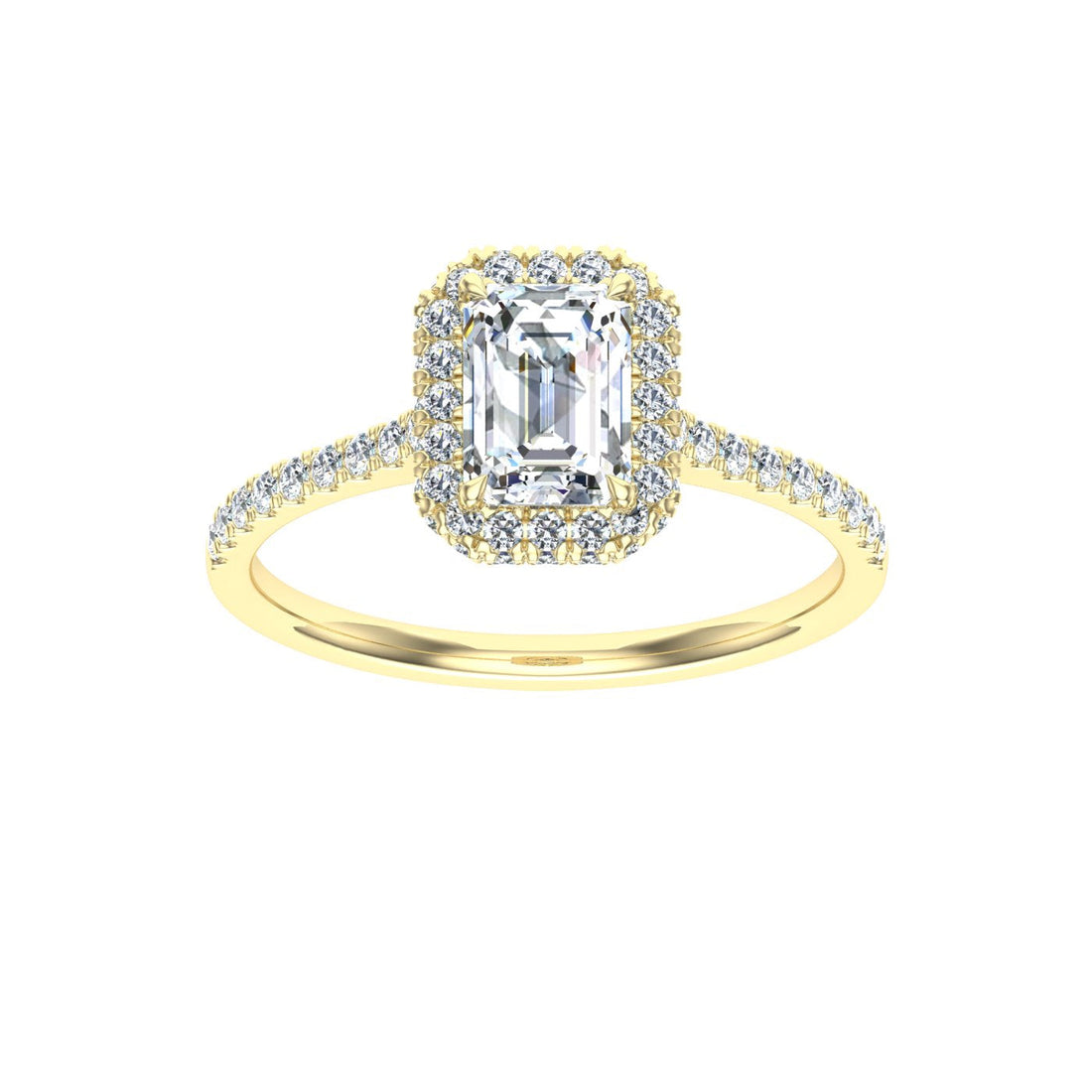 Glittering Emerald Cut Halo Moissanite Engagement Ring Yellow Gold