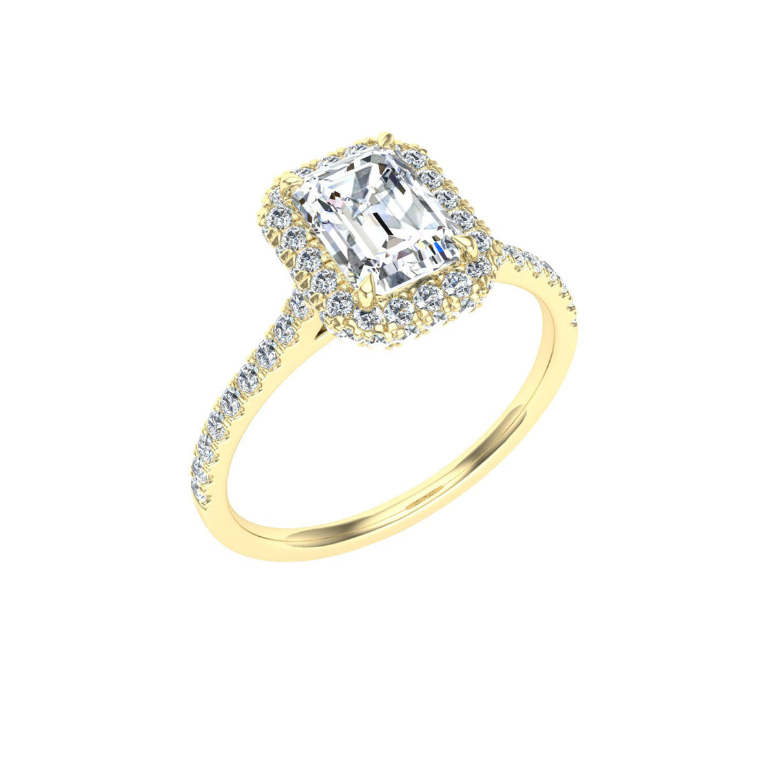 Glittering Emerald Cut Halo Moissanite Engagement Ring Yellow Gold