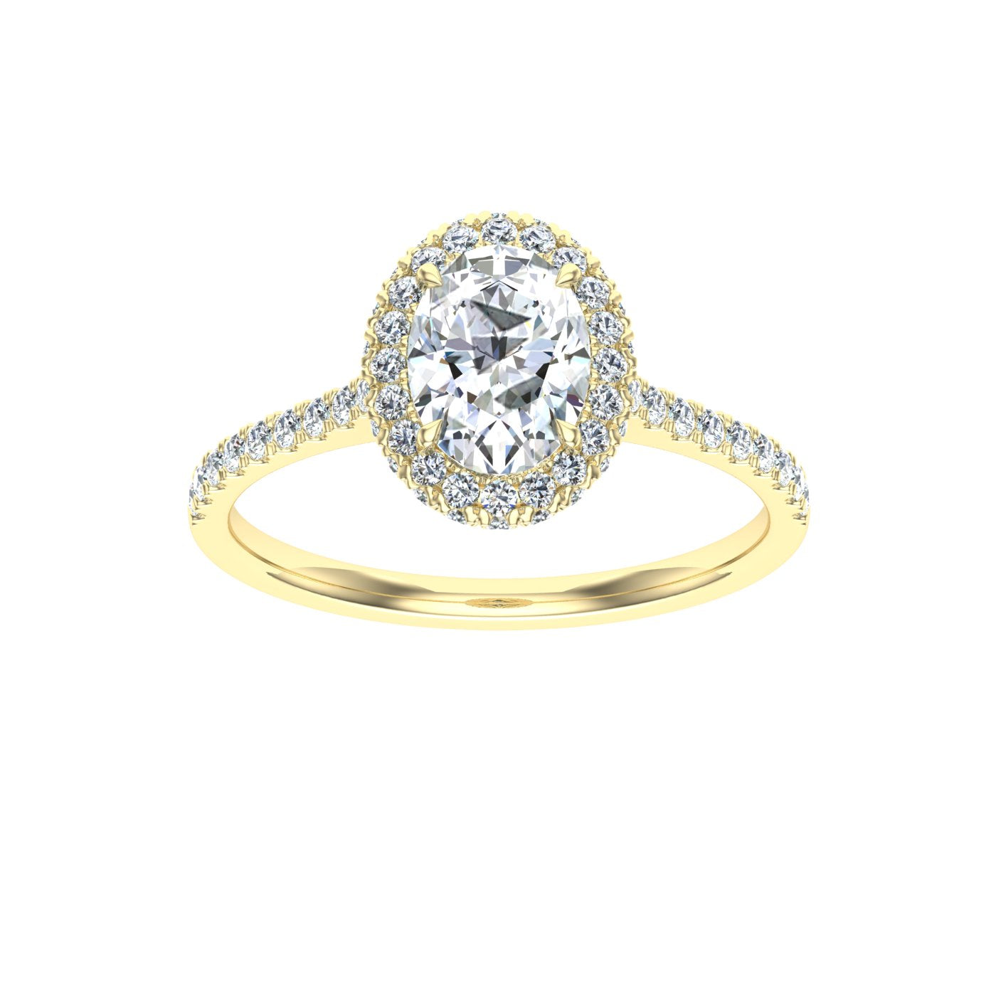 Glittering Oval Cut Halo Moissanite Engagement Ring Yellow Gold